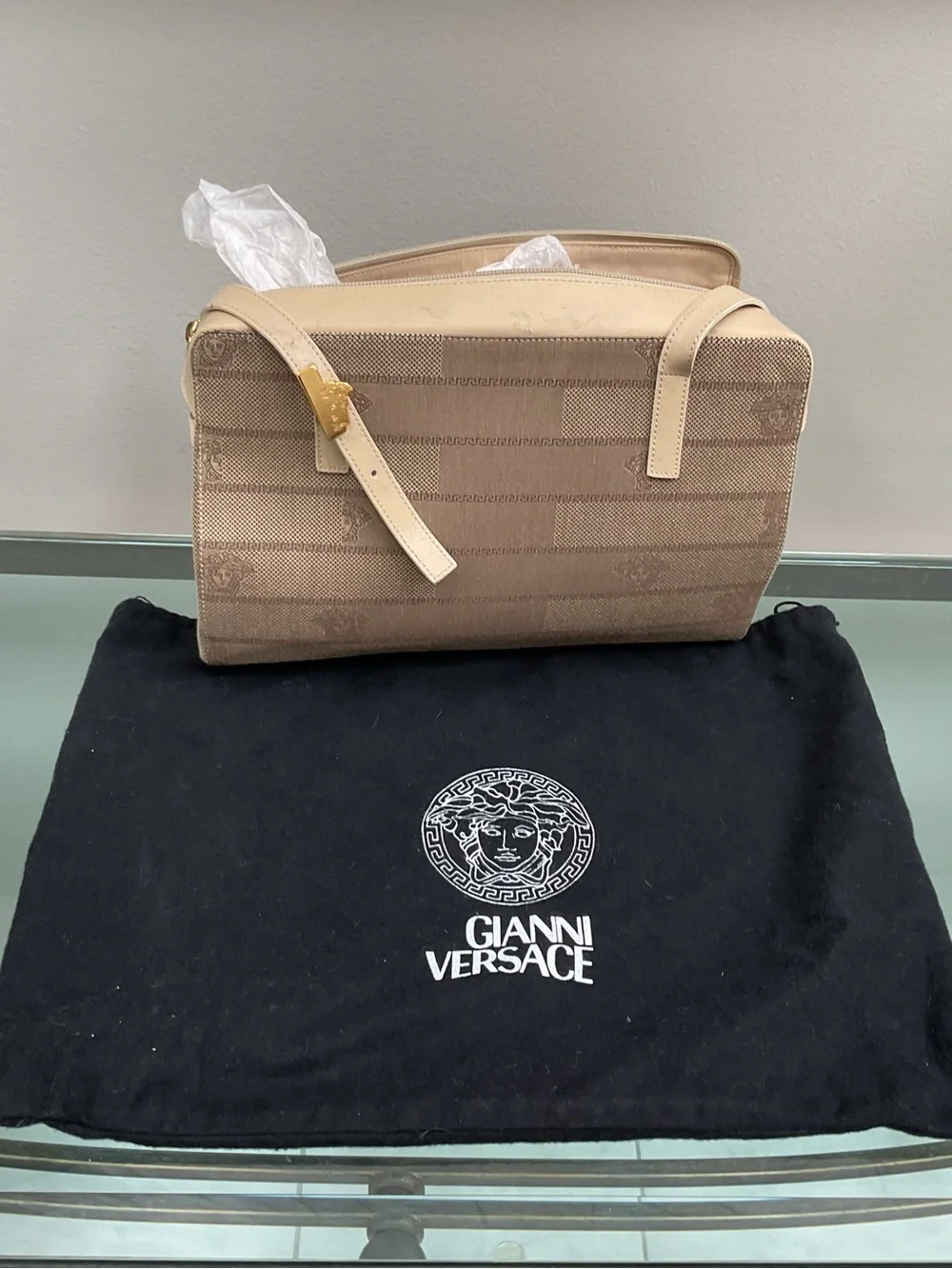 Versace Beige Canvas Messenger Bag with Leather Trim